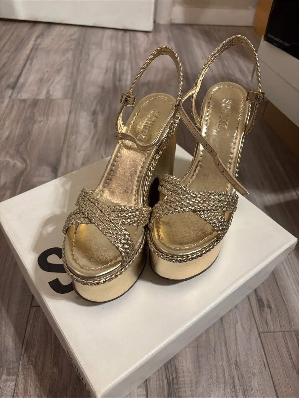 SCHUTZ Metallic Gold Braided Platform Slingback Heels